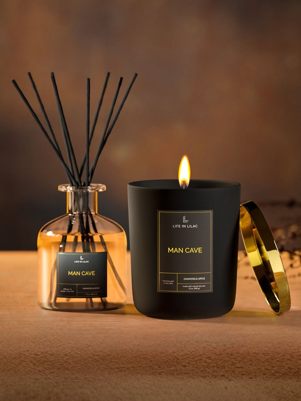 Man Cave candle in a black jar with a matching reed diffuser