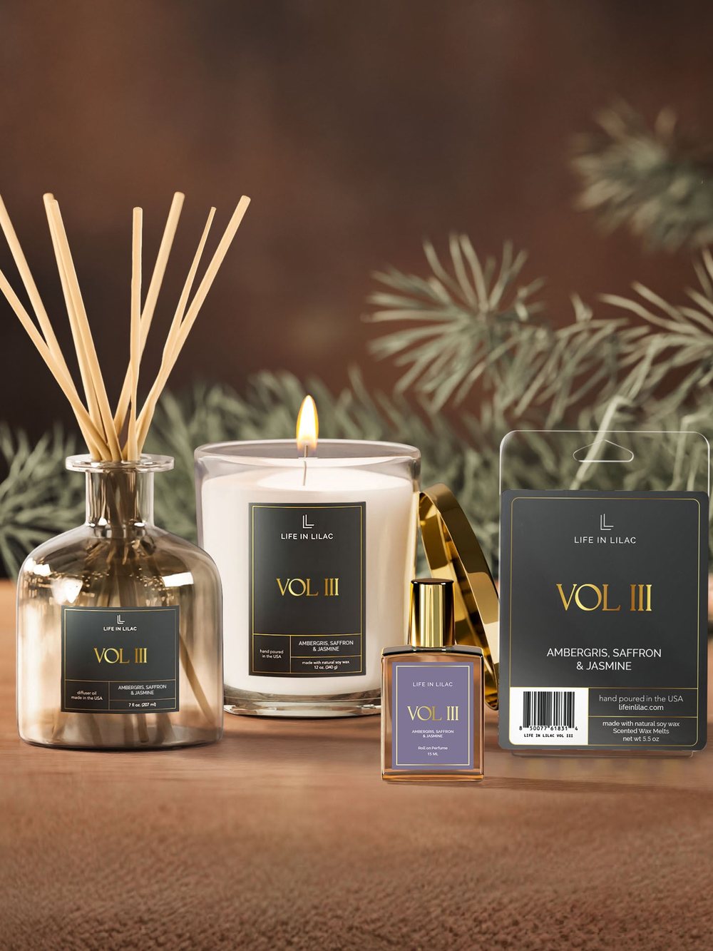 Volume III candle, reed diffuser, perfume and wax melts