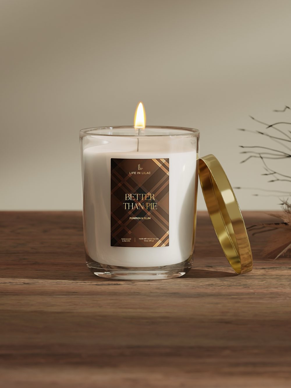 Better Than Pie soy candle in a clear jar with gold lid