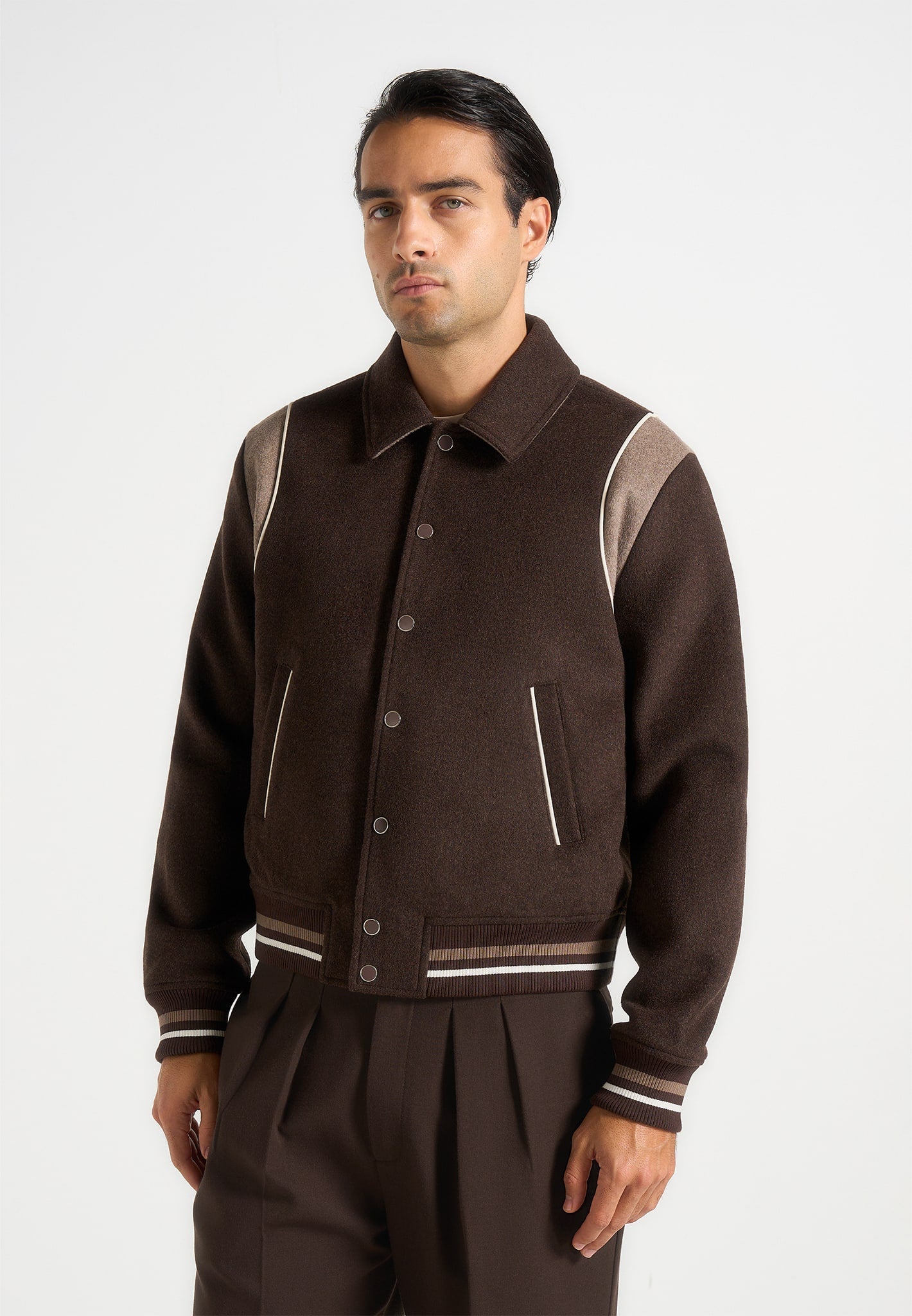 Nico Contrast Wool Varsity Jacket in brown