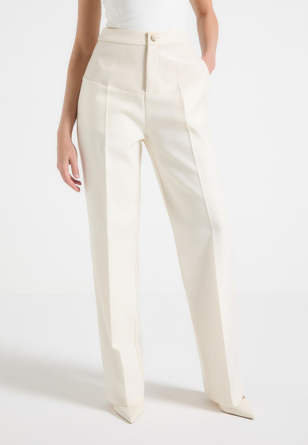 Leather panel tailored trousers in off white