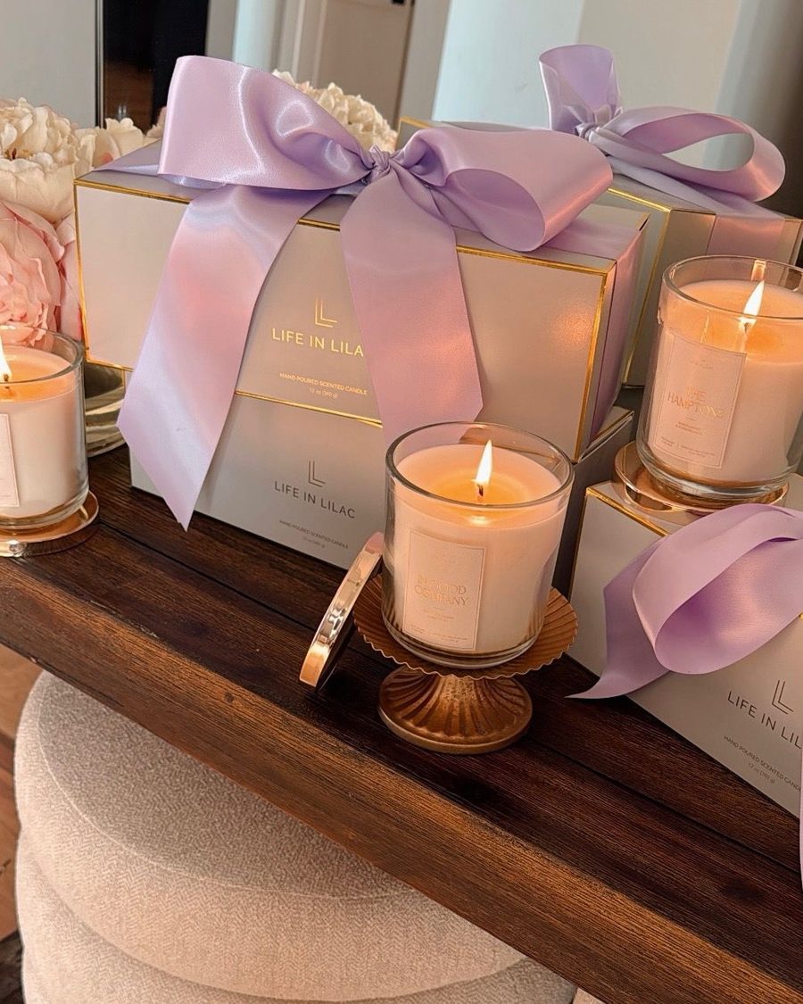 Spring candle gift boxes tied with lilac ribbon